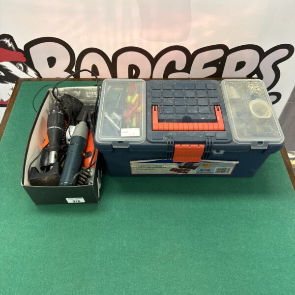 Electric screwdriver set and toolbox with assorted tools.