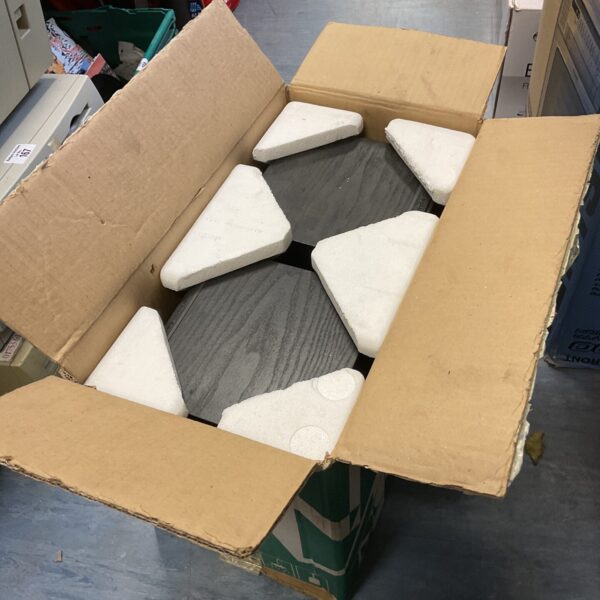 Vintage Wharfedale speakers in original packaging, retro audio equipment.