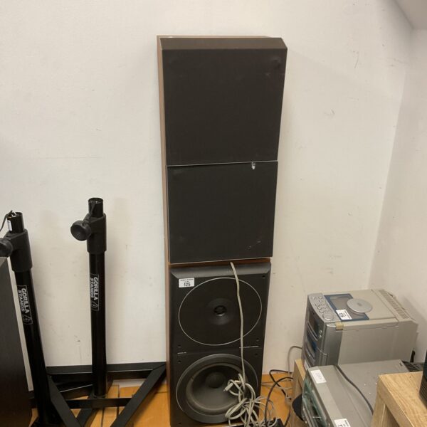 Vintage Bang and Olufsen Beovox S45 speakers in a home setting.