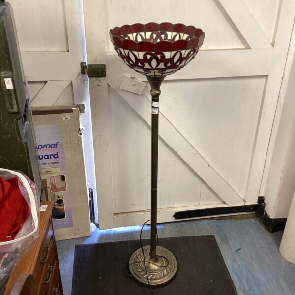 Vintage Tiffany style standard lamp with red stained glass shade.