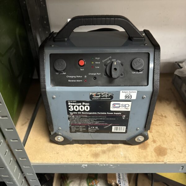 SIP Industries Rescue Pac 3000 jump starter unit showing controls.
