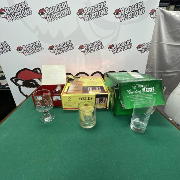 Vintage Bell’s and Gordon’s glasses with Queen’s Silver Jubilee goblet.