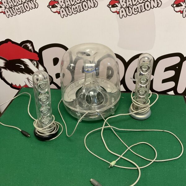 Harman Kardon clear plastic speakers and base box.