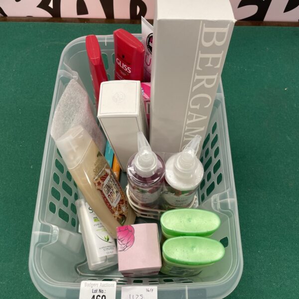Mixed hygiene lot with bergamot reed diffuser and toiletries.