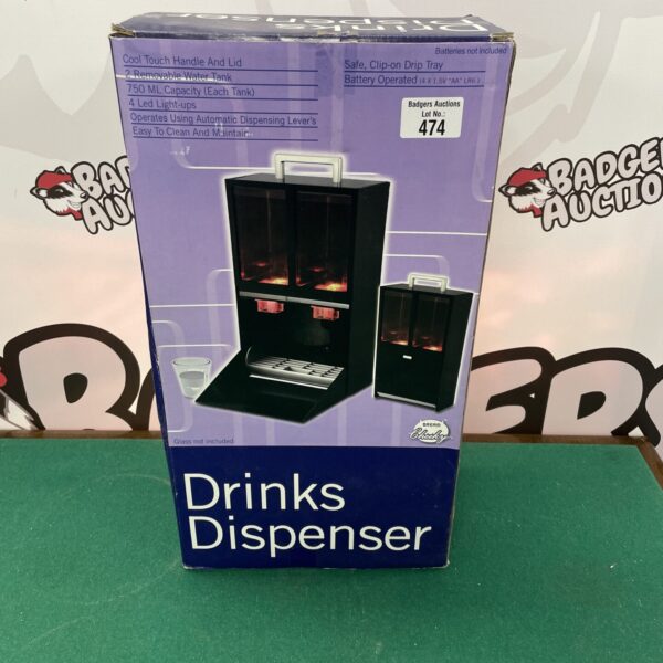 Illuminated battery powered drinks dispenser with lever.