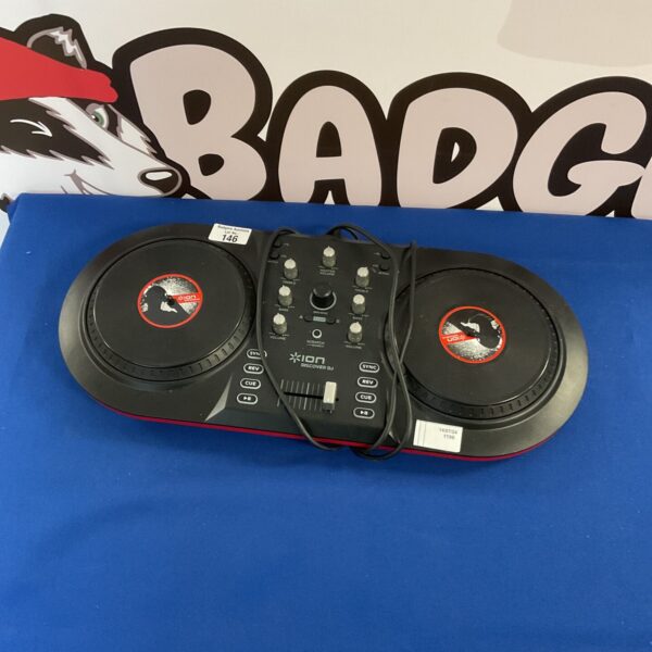 Ion Discover DJ decks, a portable digital DJ system for music mixing.