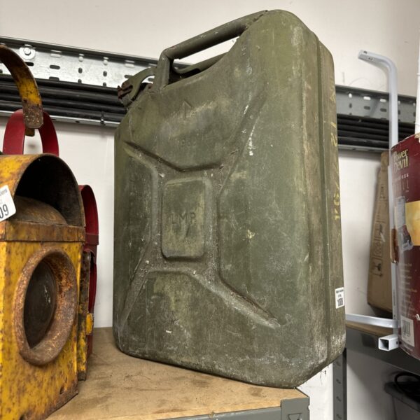 Vintage 1989 metal jerry can with military markings.