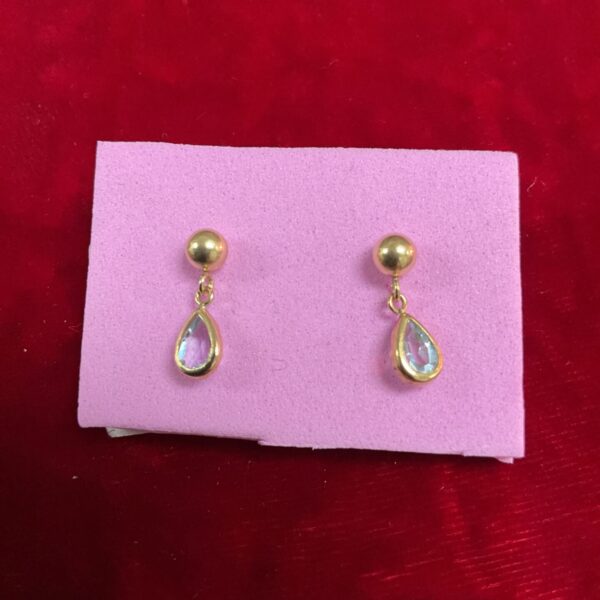 9ct gold drop earrings with pale blue stones.