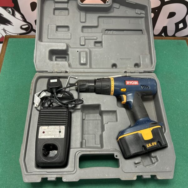 Ryobi 18V cordless drill with battery and charger in case.