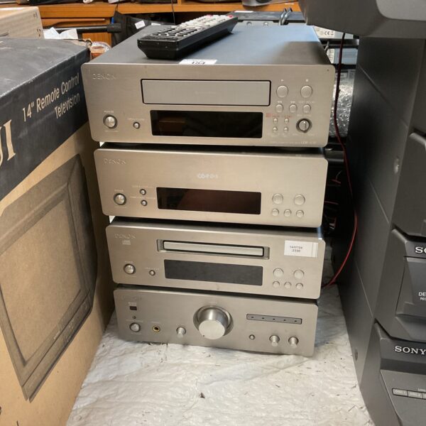 Silver Denon CD cassette radio HiFi system, vintage audio equipment.