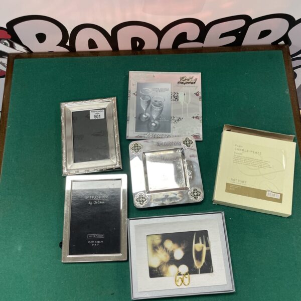 Vintage silver plated picture frames and Pugin candle plate collection.