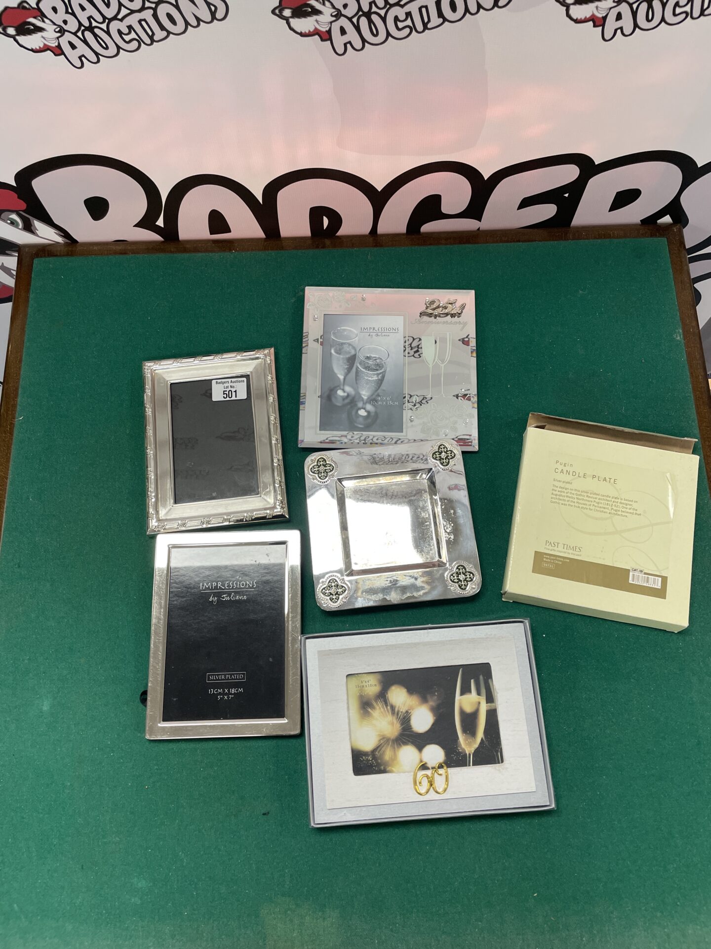 420 selection of picture frames with silver plated pugin candle plate
