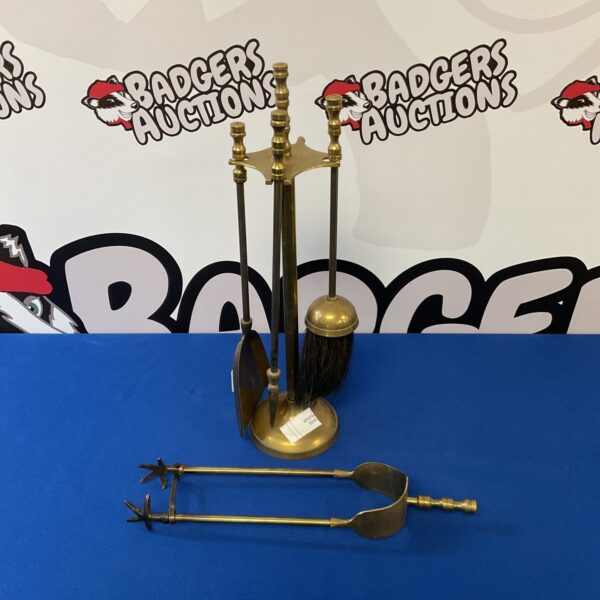Vintage brass fireplace companion set with tools.