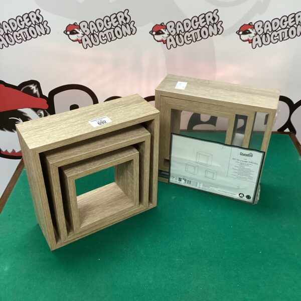 Set of three oak cube shelves from Dunelm, ideal for home storage.
