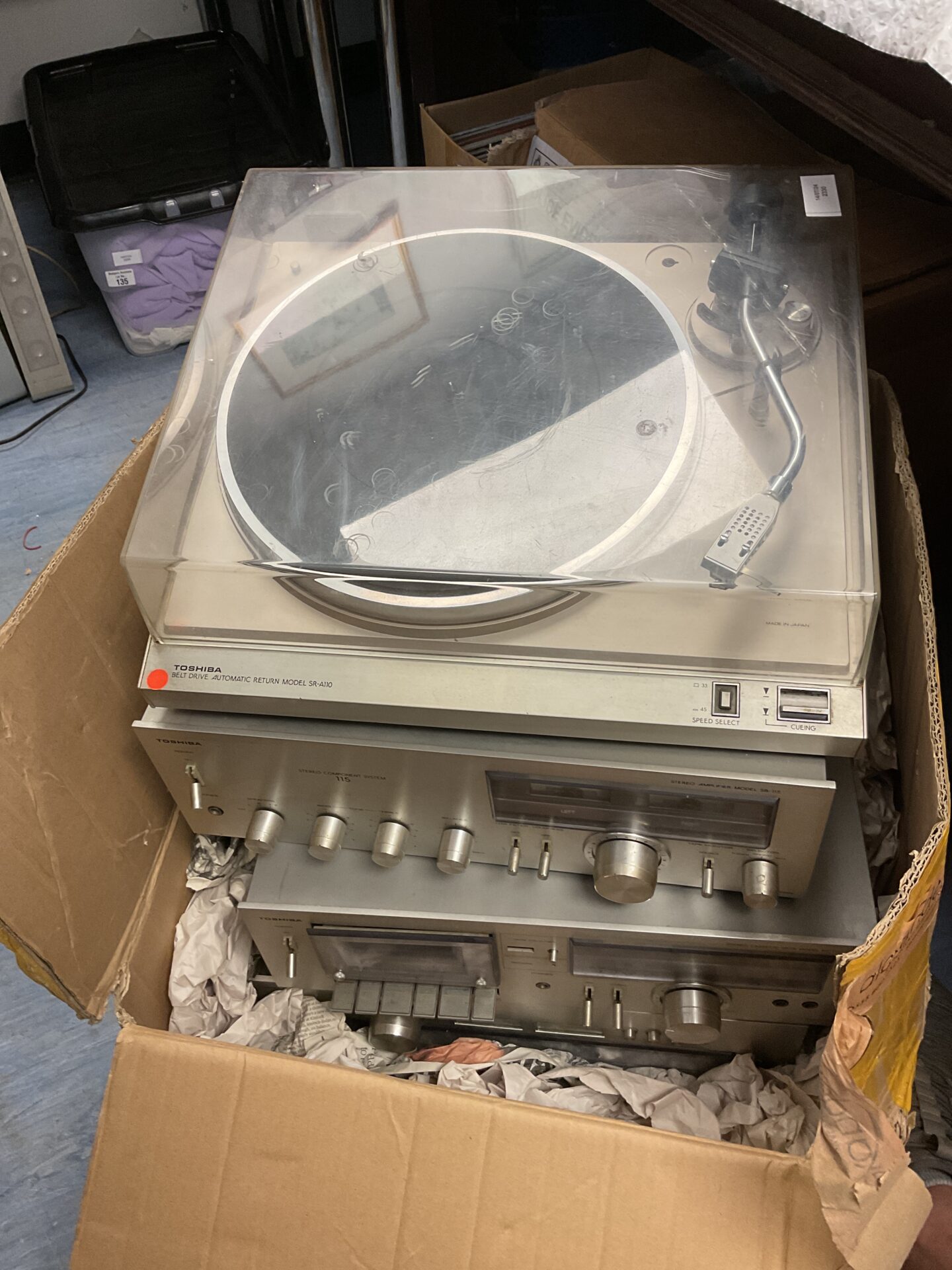 165 Toshiba 4 part sound system, including turntable, Cassette player, and radio; no speakers
