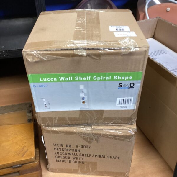 Boxed Lucca wall shelf, spiral design, home storage solution.