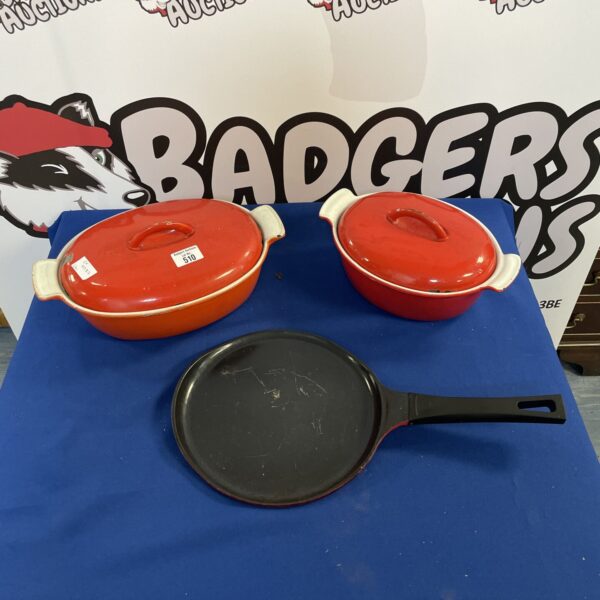 Lakeland cast iron pan set with two pots, vintage kitchenware.