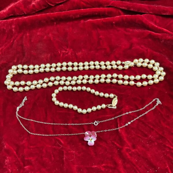 Vintage Harrods pearl necklace and silver bracelet with flower pendant.