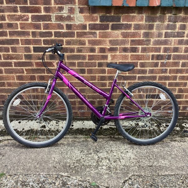 Purple Apollo Outrider mountain bike against brick wall.