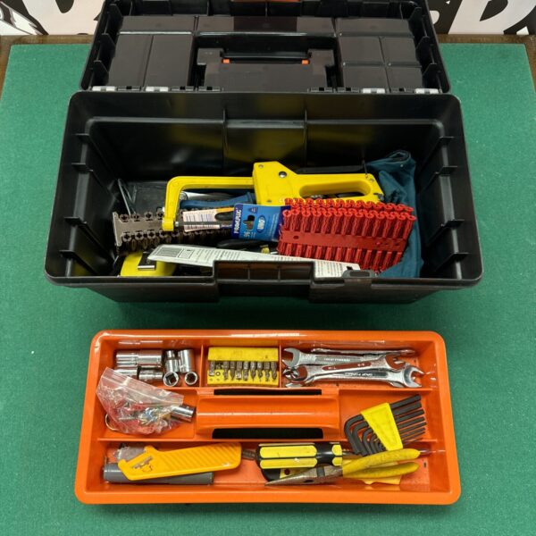Keter toolbox filled with various tools and hardware items.
