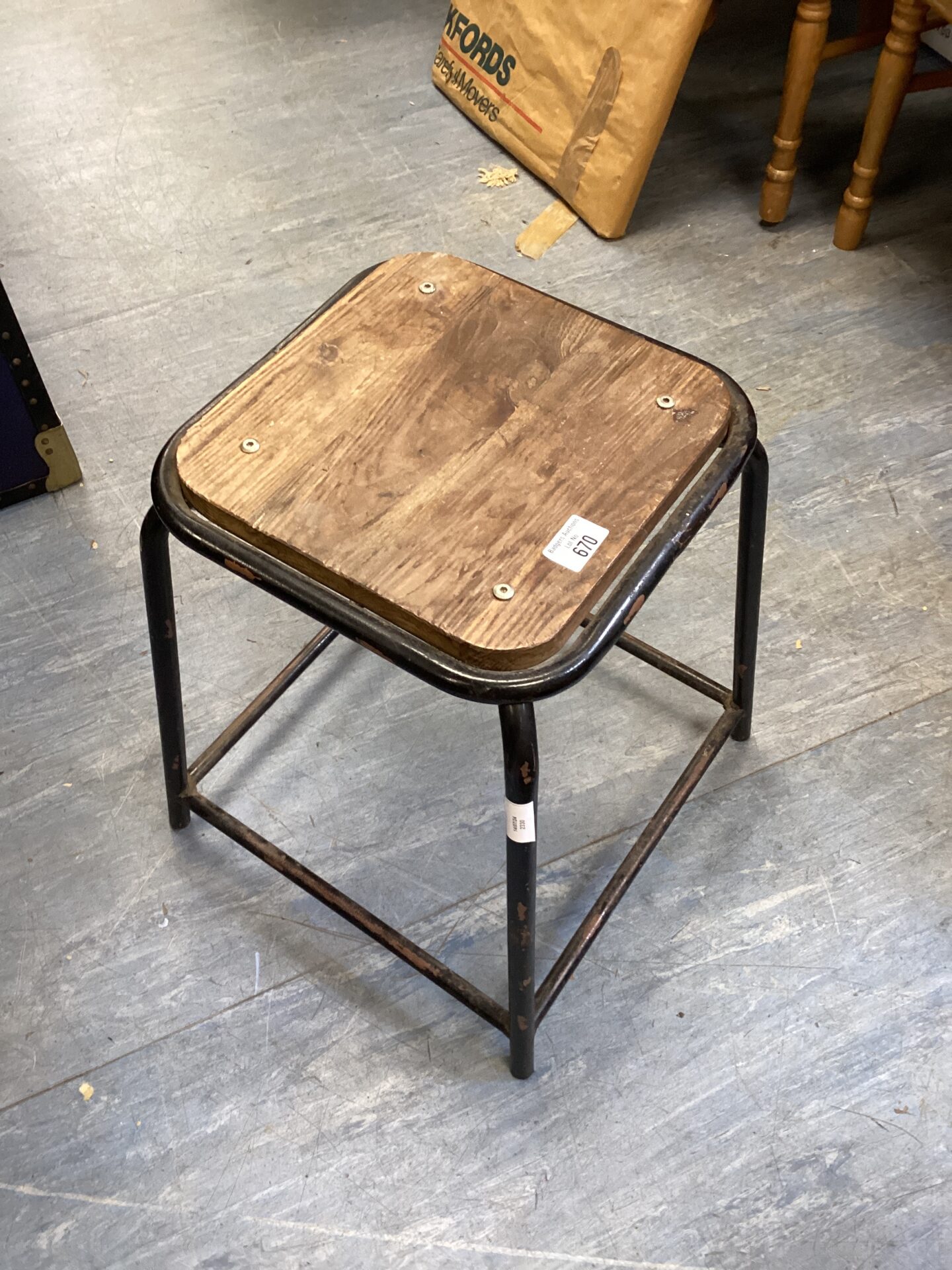 670 Vintage metal framed wooden topped stool