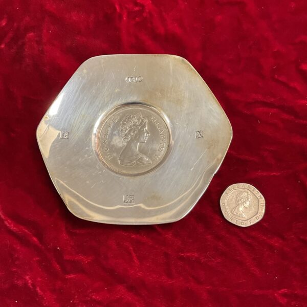 Silver wedding anniversary pin dish with coin, Elizabeth and Phillip memorabilia.