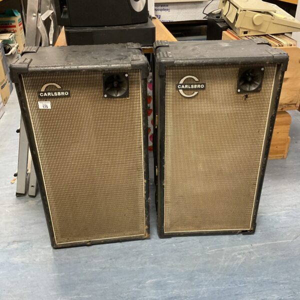 Vintage pair of Carlsbro speakers, ideal for musicians and collectors.