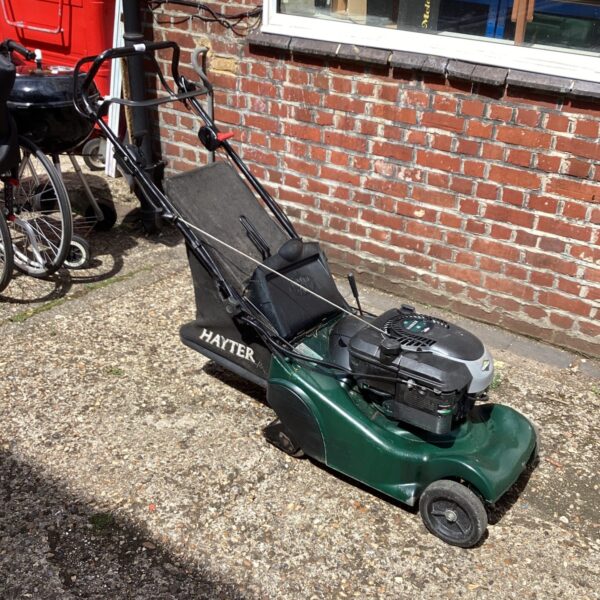 Vintage Hayter Harrier 41 petrol lawnmower in used condition.