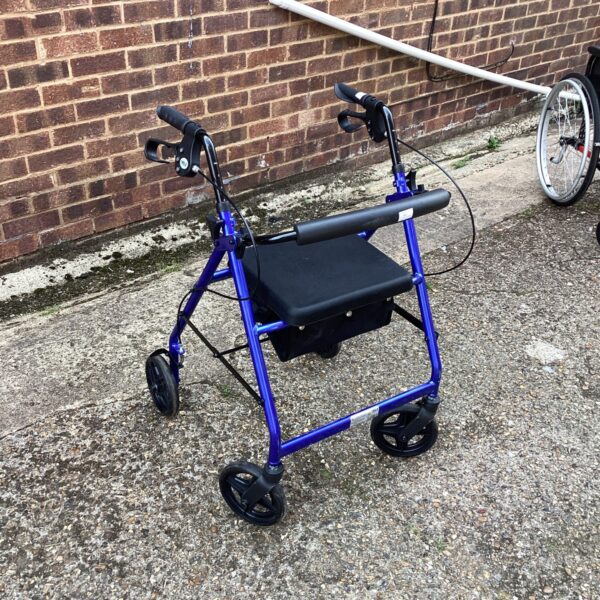 Blue rollator walker with four wheels and padded seat.