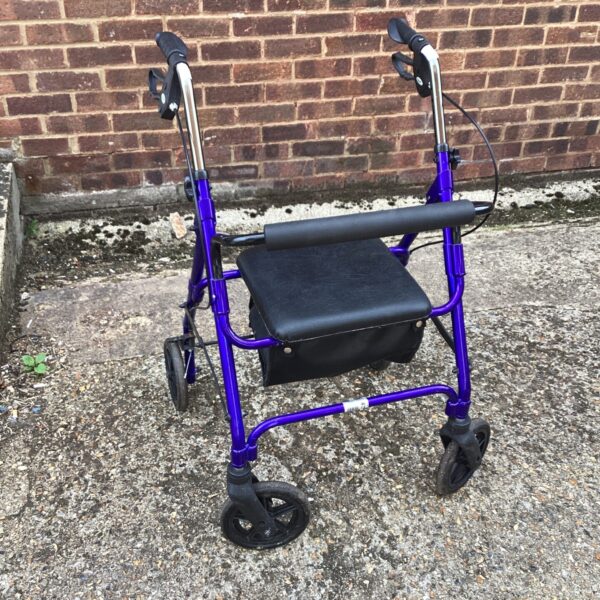 Blue four-wheeled walking aid with a padded seat.