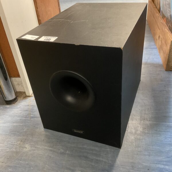Front view of a black Tannoy powered subwoofer.