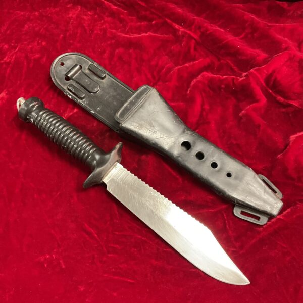 Vintage Mares Tris Inox diving knife with sheath, 1960s scuba gear.