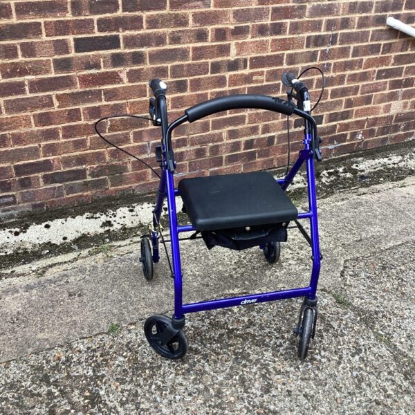 Blue Drive rollator walking aid with padded seat.