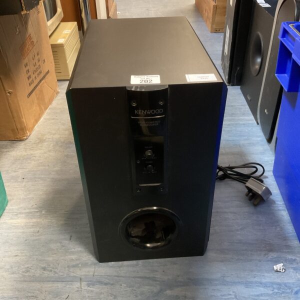 Front view of a black Kenwood powered subwoofer for home audio.