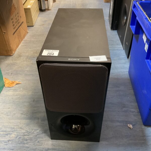 Front view of a black Sony active subwoofer.