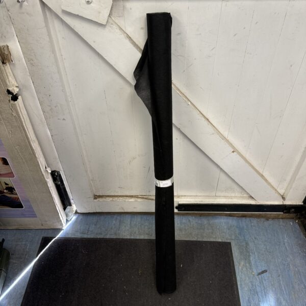 Black garden membrane roll for weed control in a garden setting.
