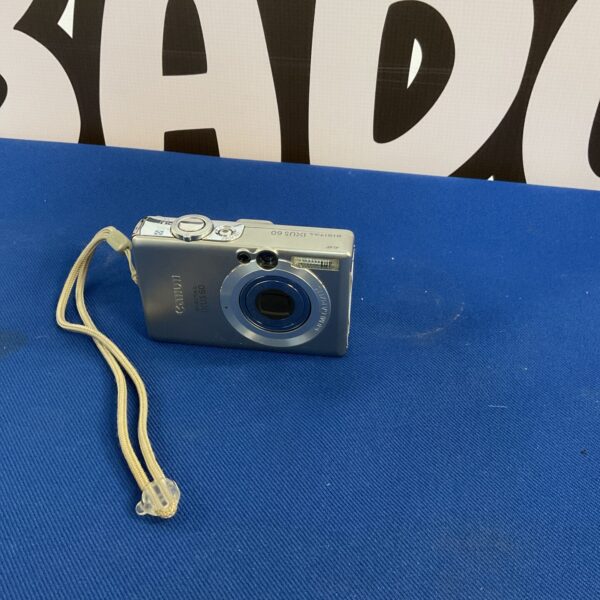 Silver Canon Ixus 60 digital camera, compact point and shoot.