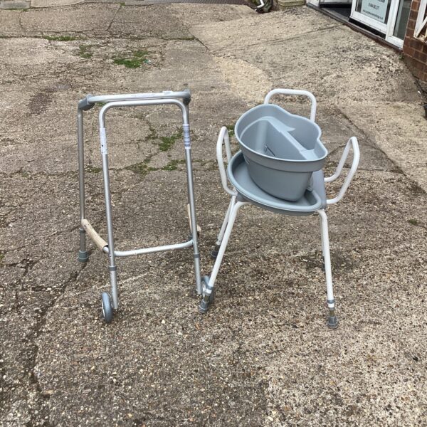 Adjustable walking aid and shower seat for bathroom support.