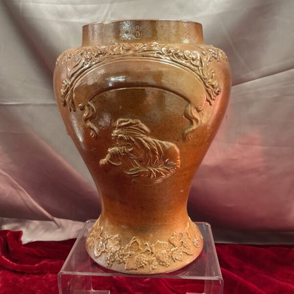 Antique 9” salt-glazed snuff jar with woman portrait, collectible pottery.