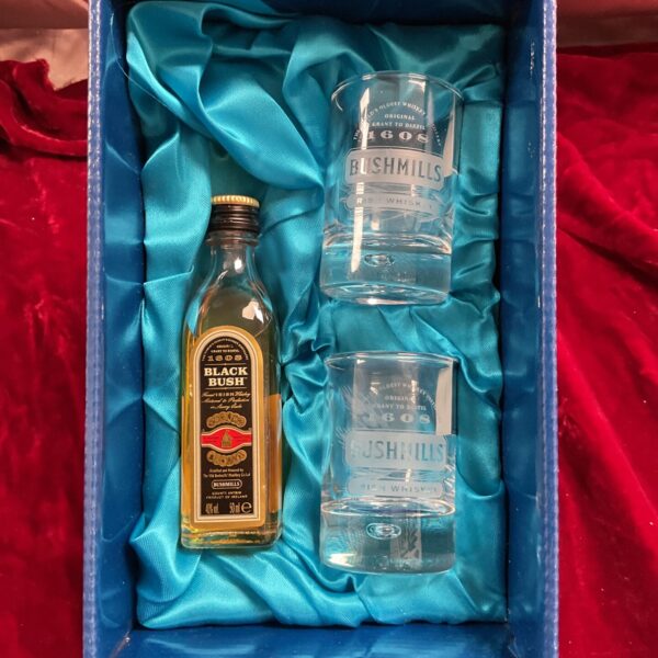 Bushmills Black Bush whiskey gift set in presentation box.
