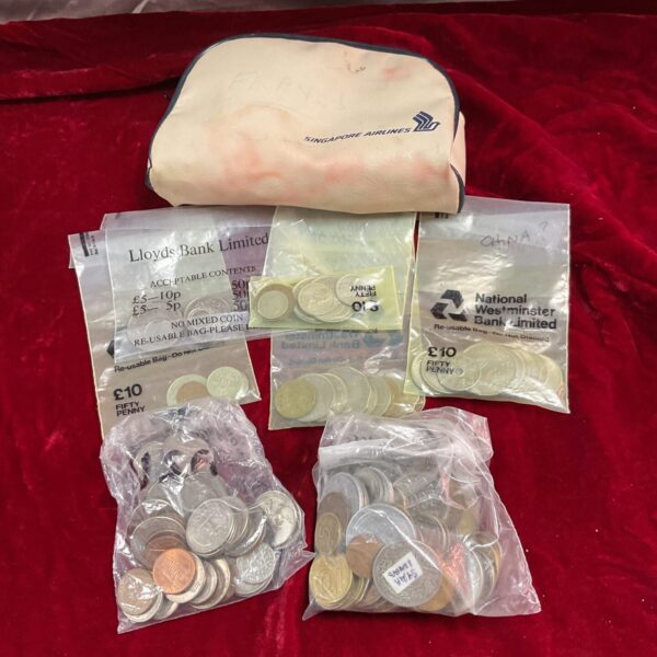Mixed bag of coins inside a Singapore Airlines branded bag.