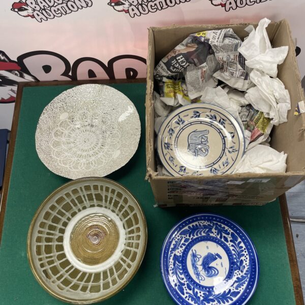 Vintage china plate lot with colourful floral designs.
