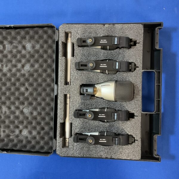 Open Samson drum microphone kit case showing microphones inside.