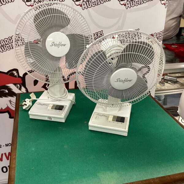 Lot of two vintage Stirflow desk fans in pale green.