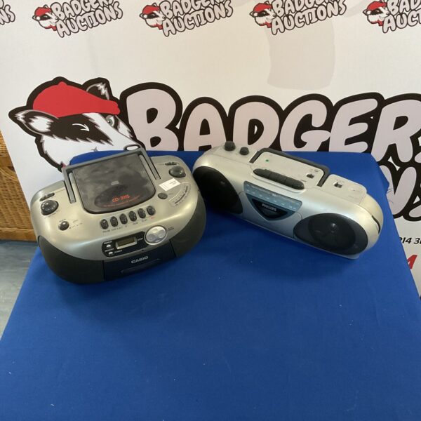 Vintage Casio and Phillips boombox radios, portable cassette players.