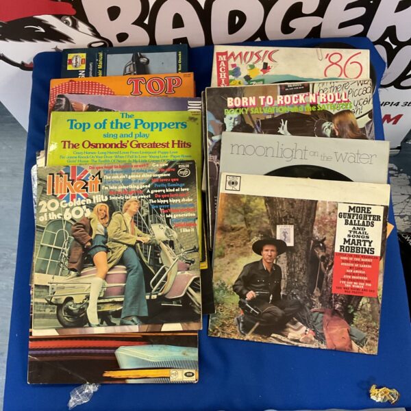 Vintage vinyl record lot with 80s pop music albums.