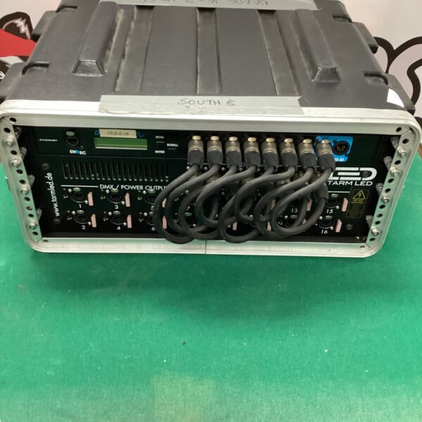 Professional lighting control unit with faders and digital display.