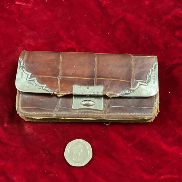 Vintage crocodile skin purse with silver mounts, antique handbag