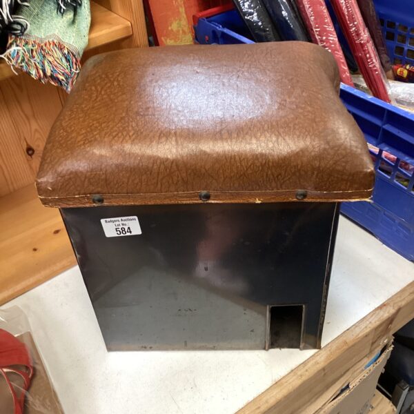 Vintage leather topped coal box seat with wooden frame.