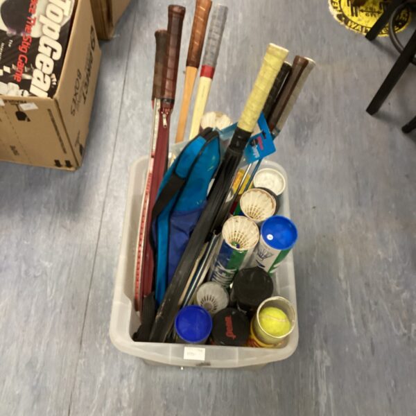 Mixed lot of sports racquets including tennis and badminton.